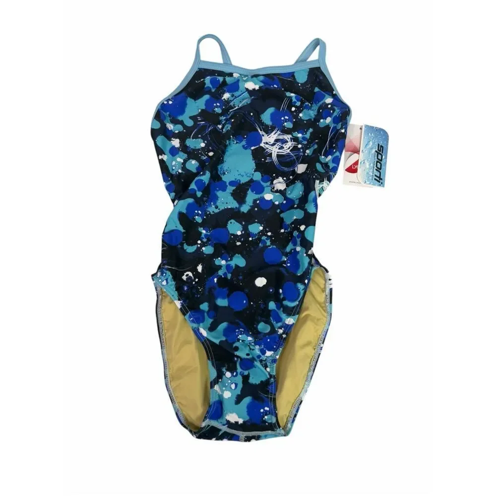 Sporti Youth 28 Paint Splatter Thin Strap One Piece Swimsuit Blue